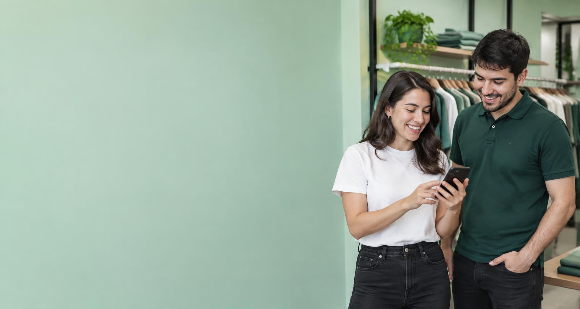 Dos personas en una tienda revisan una conversación en su celular